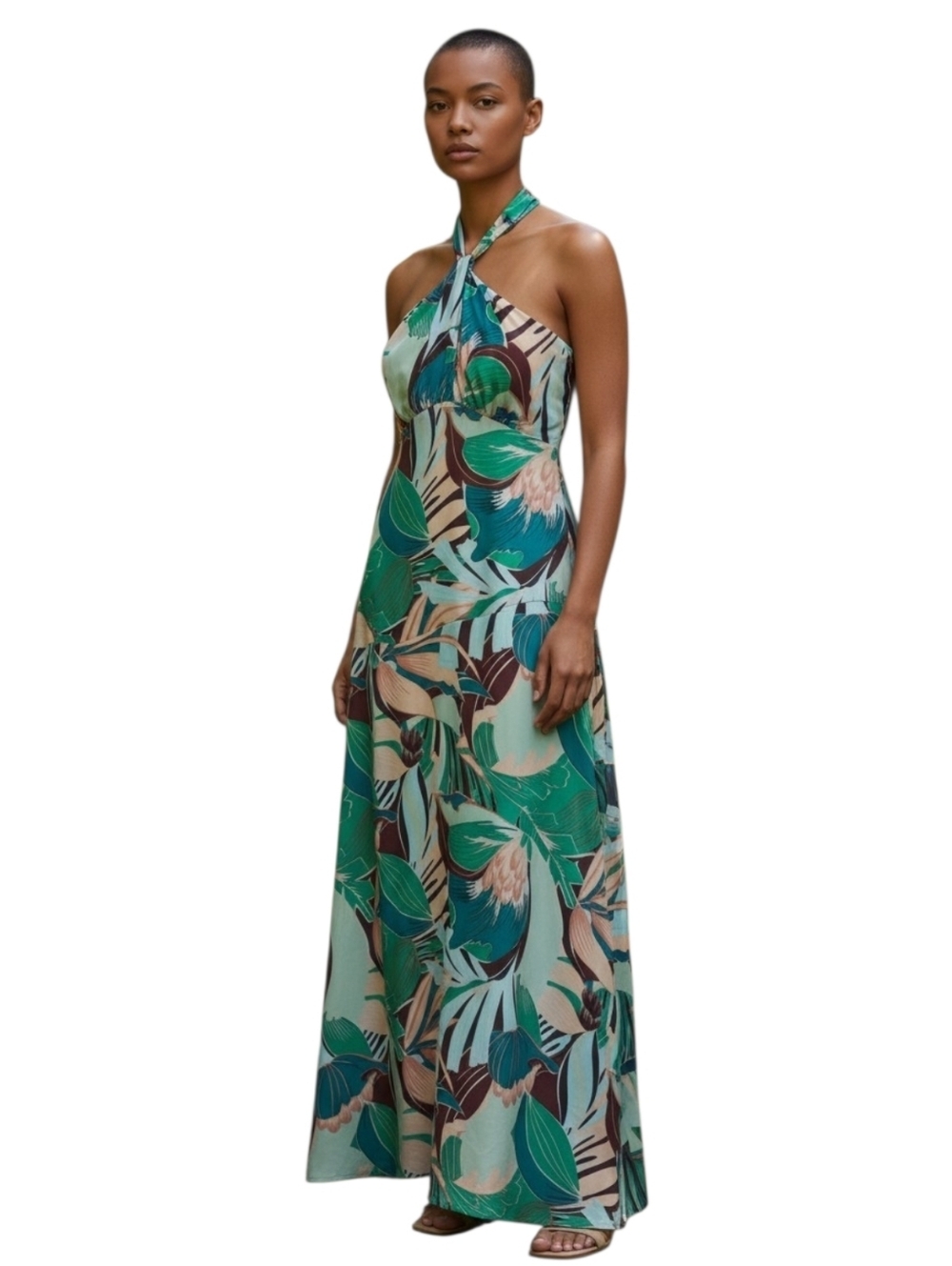 NWT- Mango Green and Teal Tropical Halter Maxi Dress